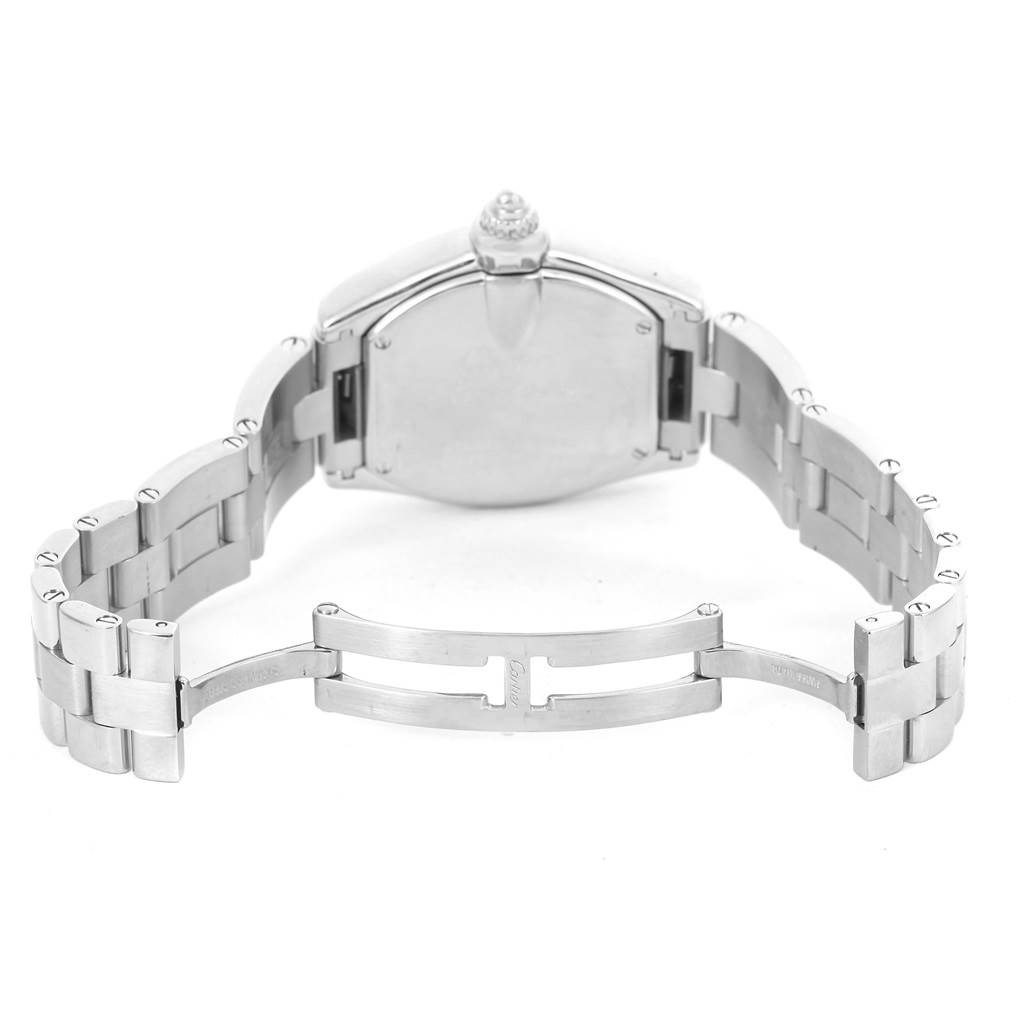This image shows the back view and bracelet of a Roadster model watch by Cartier, with the clasp open.