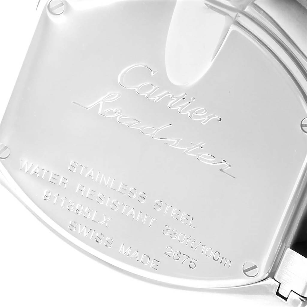 The image shows the case back of the Cartier Roadster W62016V3 Women
s Stainless Steel Silver Dial W62016V3 Women
s Stainless Steel Silver Dial watch, displaying the model
s engraving and water resistance information.