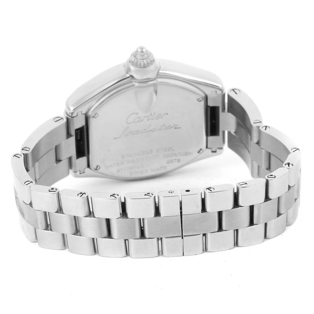 This image shows the back case and stainless steel bracelet of the Cartier Roadster W62016V3 Women
s Stainless Steel Silver Dial W62016V3 Women
s Stainless Steel Silver Dial watch from a rear angle.