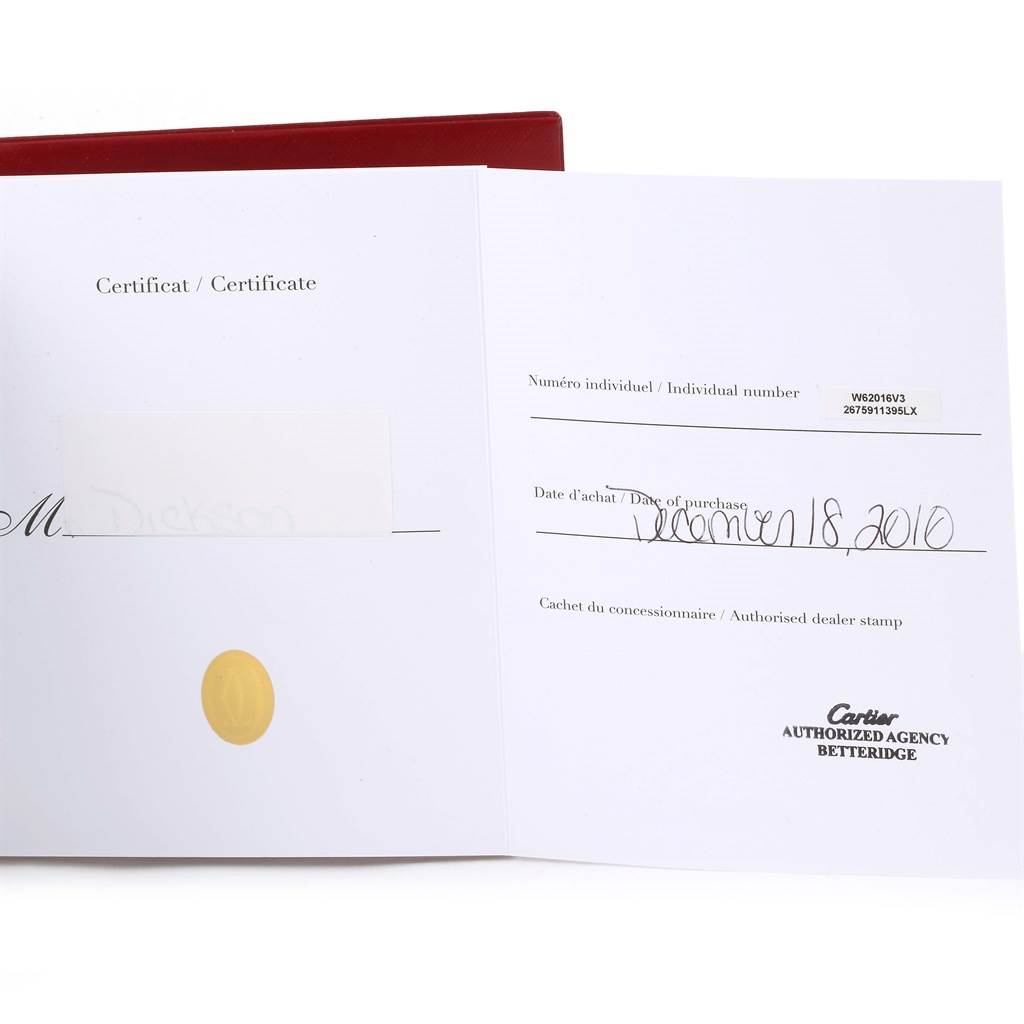 The image shows the certificate and authorized documentation for the Cartier Roadster W62016V3 Women
s Stainless Steel Silver Dial W62016V3 Women
s Stainless Steel Silver Dial model watch.