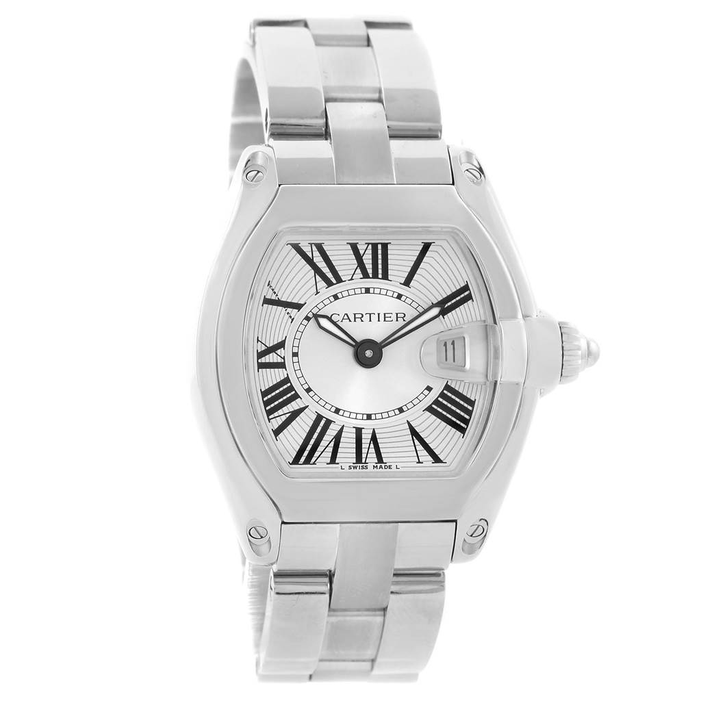 This image shows a front view of the Cartier Roadster W62016V3 Women
s Stainless Steel Silver Dial W62016V3 Women
s Stainless Steel Silver Dial watch displaying the face, bezel, and bracelet.