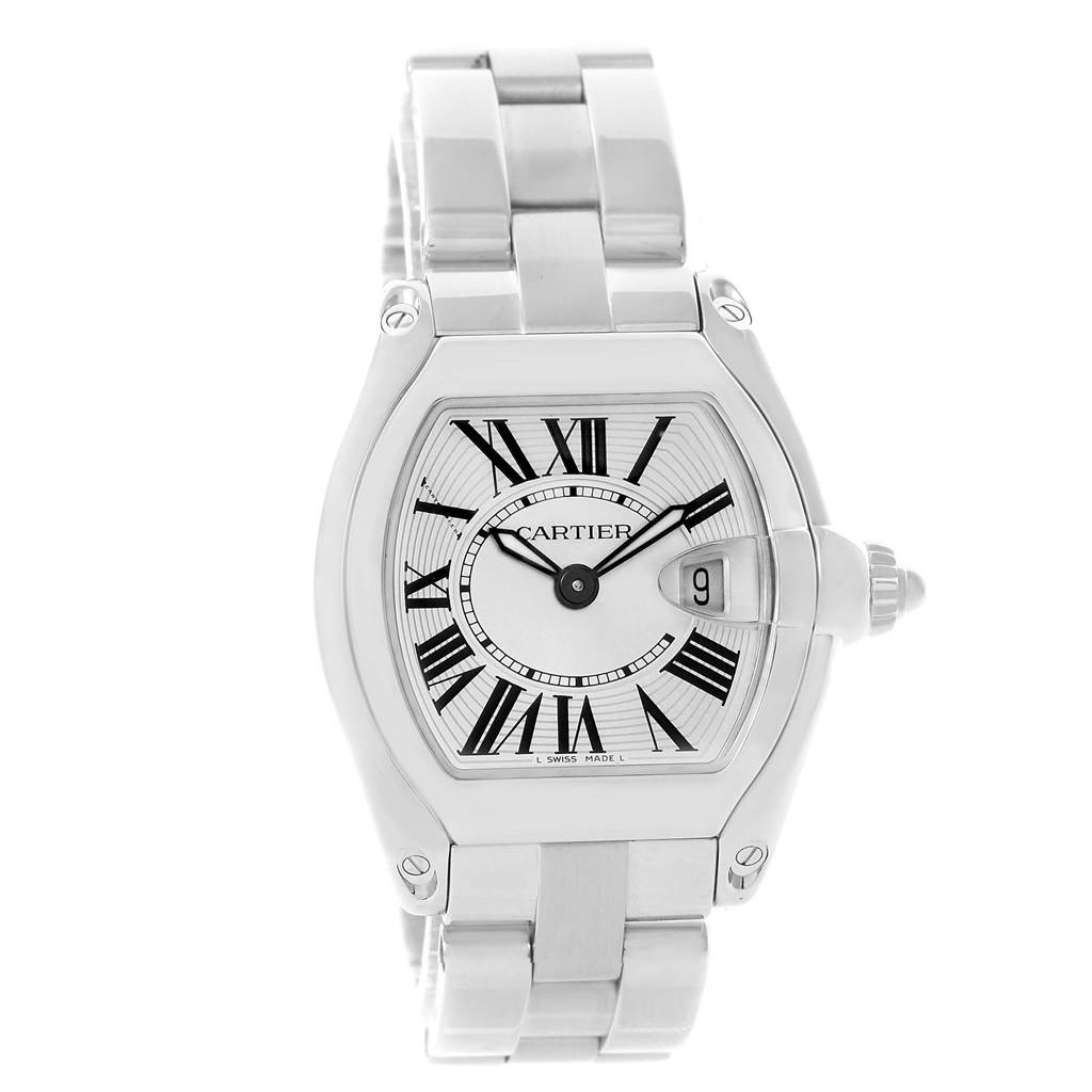 The image shows a front view of a Cartier Roadster W62016V3 Women
s Stainless Steel Silver Dial W62016V3 Women
s Stainless Steel Silver Dial watch, highlighting its face, Roman numerals, hands, date display, and metal bracelet.
