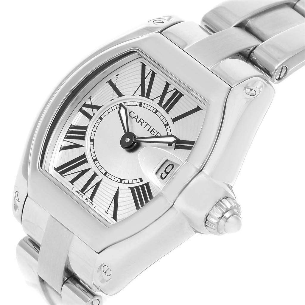The image shows the Cartier Roadster W62016V3 Women
s Stainless Steel Silver Dial W62016V3 Women
s Stainless Steel Silver Dial watch from a three-quarter angle, highlighting the face, crown, and part of the bracelet.