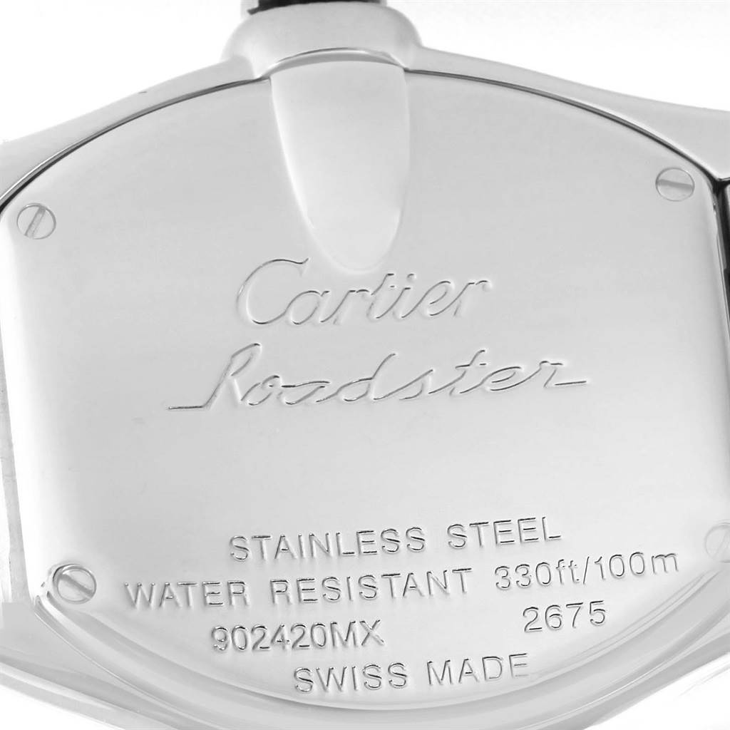This image shows the back case of a Cartier Roadster W62016V3 Women
s Stainless Steel Silver Dial W62016V3 Women
s Stainless Steel Silver Dial watch, detailing its specifications.