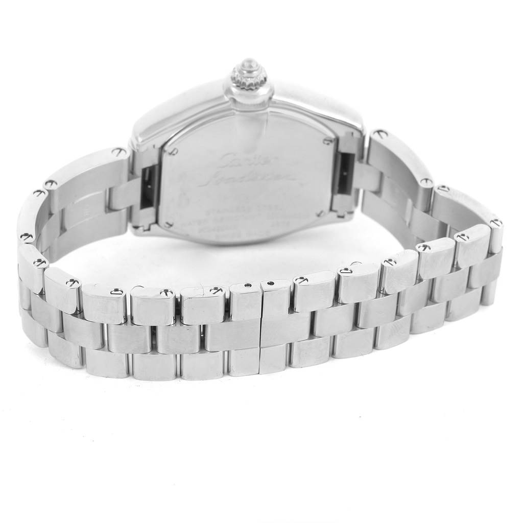 The image shows the backside and bracelet of the Cartier Roadster W62016V3 Women
s Stainless Steel Silver Dial W62016V3 Women
s Stainless Steel Silver Dial watch, focusing on the steel links and clasp.
