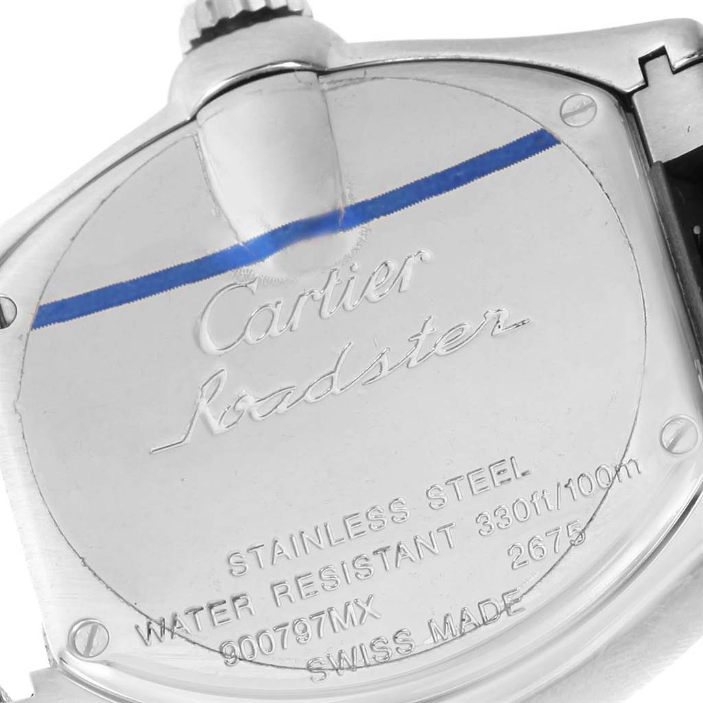 The image shows the back case of the Cartier Roadster W62016V3 Women
s Stainless Steel Silver Dial W62016V3 Women
s Stainless Steel Silver Dial watch, featuring brand engravings and specifications.