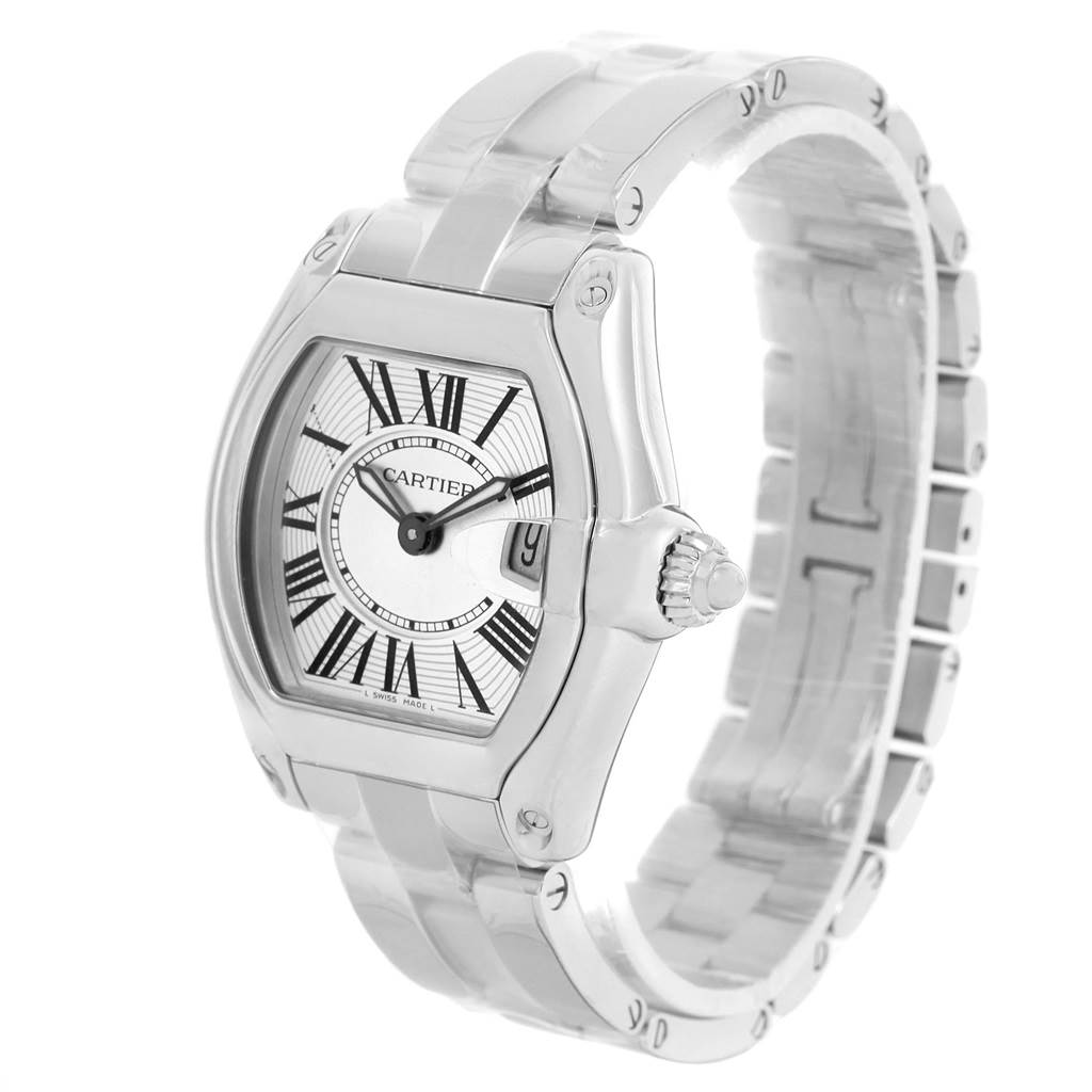 The Cartier Roadster W62016V3 Women
s Stainless Steel Silver Dial W62016V3 Women
s Stainless Steel Silver Dial watch is shown at a three-quarter angle, highlighting the case, dial, bracelet, and crown.