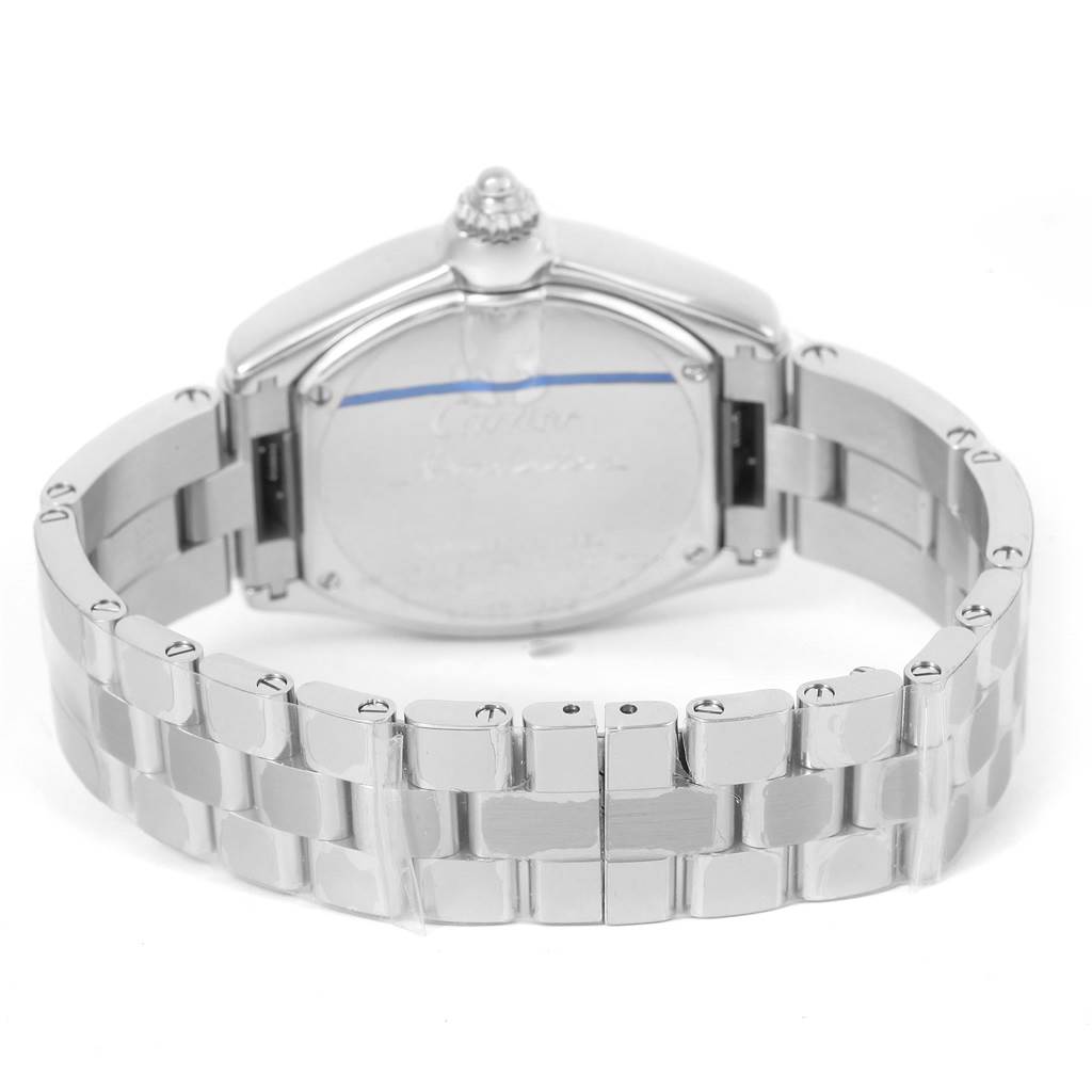 The image shows the back view of the Cartier Roadster W62016V3 Women
s Stainless Steel Silver Dial W62016V3 Women
s Stainless Steel Silver Dial watch, highlighting the case back and bracelet.