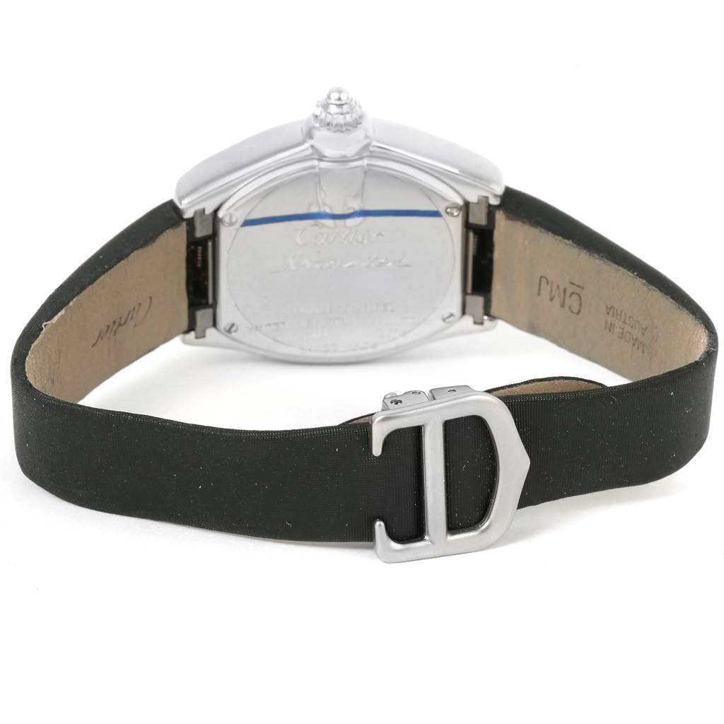 The image shows the back case and strap of the Cartier Roadster W62016V3 Women
s Stainless Steel Silver Dial W62016V3 Women
s Stainless Steel Silver Dial watch, highlighting the clasp and case back.