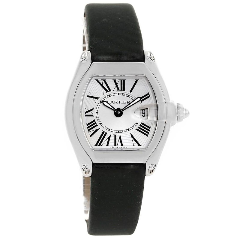 The Cartier Roadster watch is shown from a front angle, displaying the face, bezel, case, and black strap.