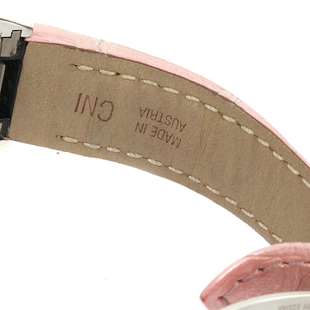 The image shows the inner side of a pink leather strap of a Cartier Roadster W6206006 Women's Stainless Steel Mother of Pearl Dial W6206006 Women's Stainless Steel Mother of Pearl Dial watch, marked "Made in Austria."