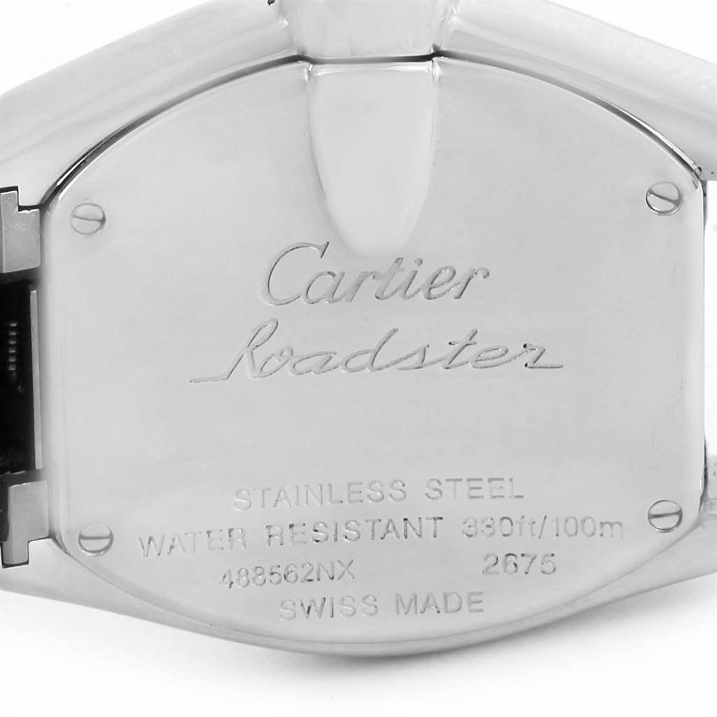 The image shows the backside of the Cartier Roadster W6206006 Women's Stainless Steel Mother of Pearl Dial W6206006 Women's Stainless Steel Mother of Pearl Dial watch, displaying brand engravings and specifications.