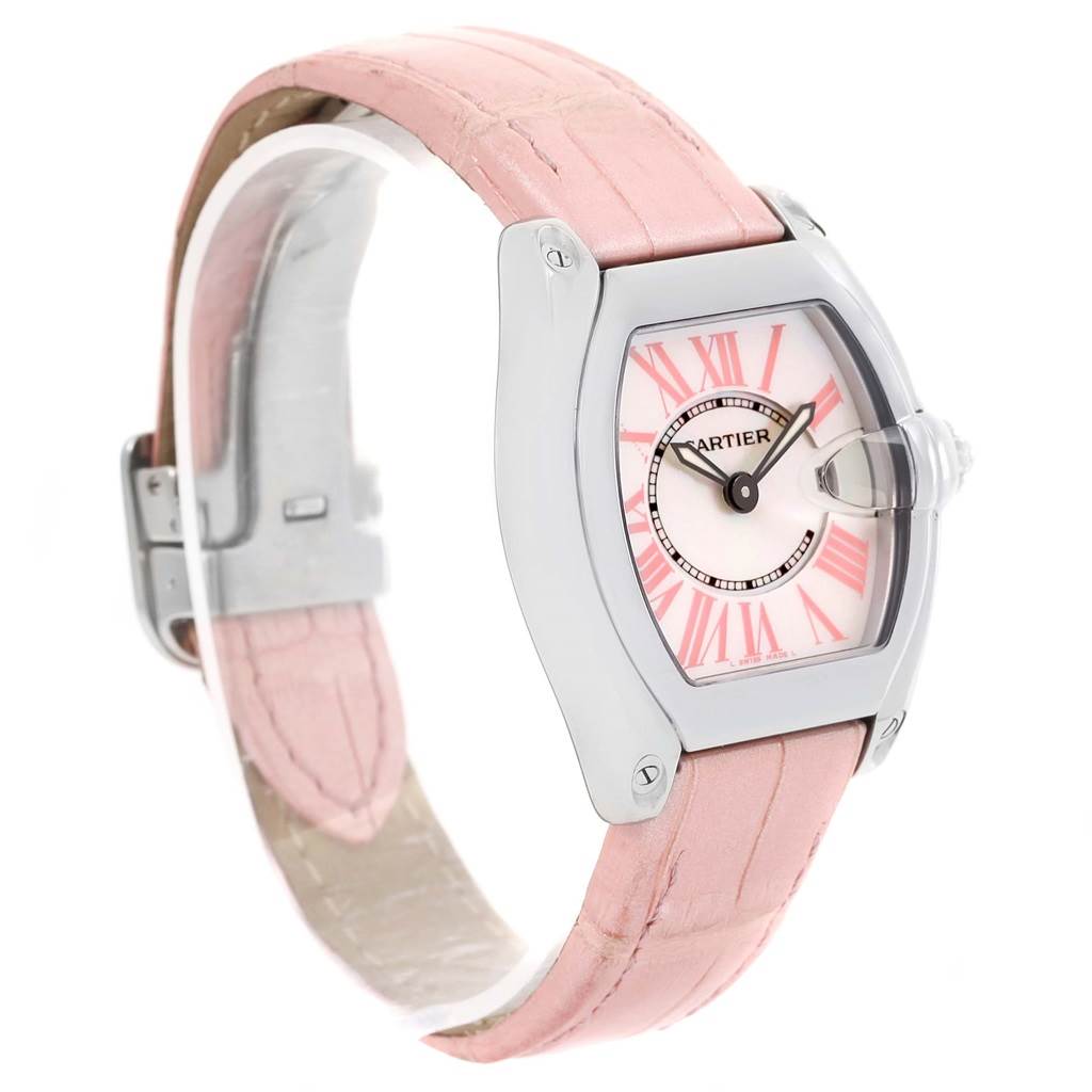 The Cartier Roadster W6206006 Women's Stainless Steel Mother of Pearl Dial W6206006 Women's Stainless Steel Mother of Pearl Dial watch is shown at a slight side angle, highlighting the face, case, and pink leather strap.