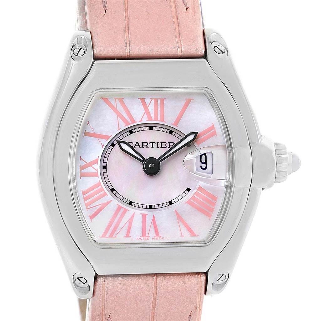 The image shows a front view of a Cartier Roadster W6206006 Women's Stainless Steel Mother of Pearl Dial W6206006 Women's Stainless Steel Mother of Pearl Dial watch, highlighting its dial, crown, and pink leather strap.