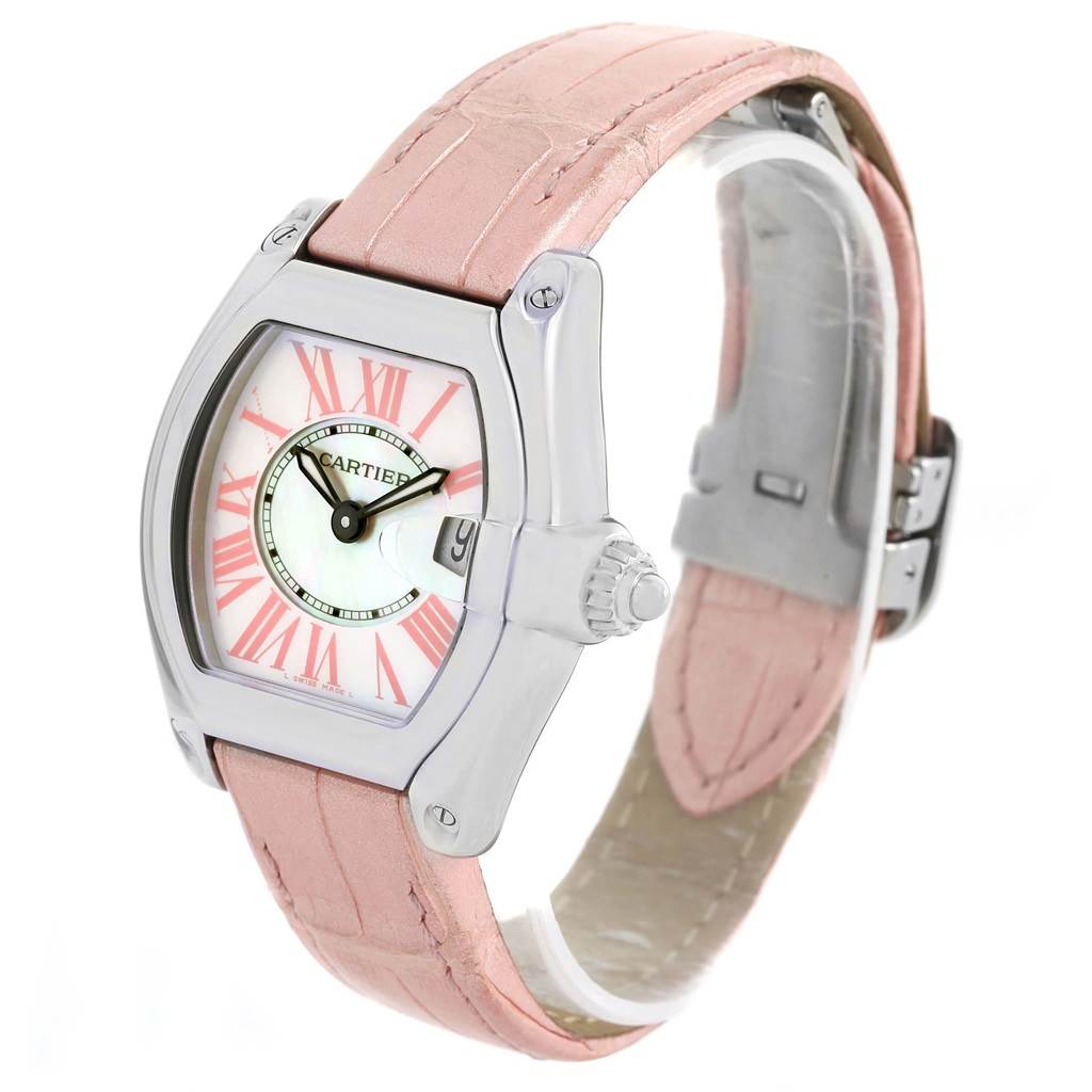 This Cartier Roadster W6206006 Women's Stainless Steel Mother of Pearl Dial W6206006 Women's Stainless Steel Mother of Pearl Dial watch is shown at a three-quarter angle, displaying the face, crown, and pink leather strap.