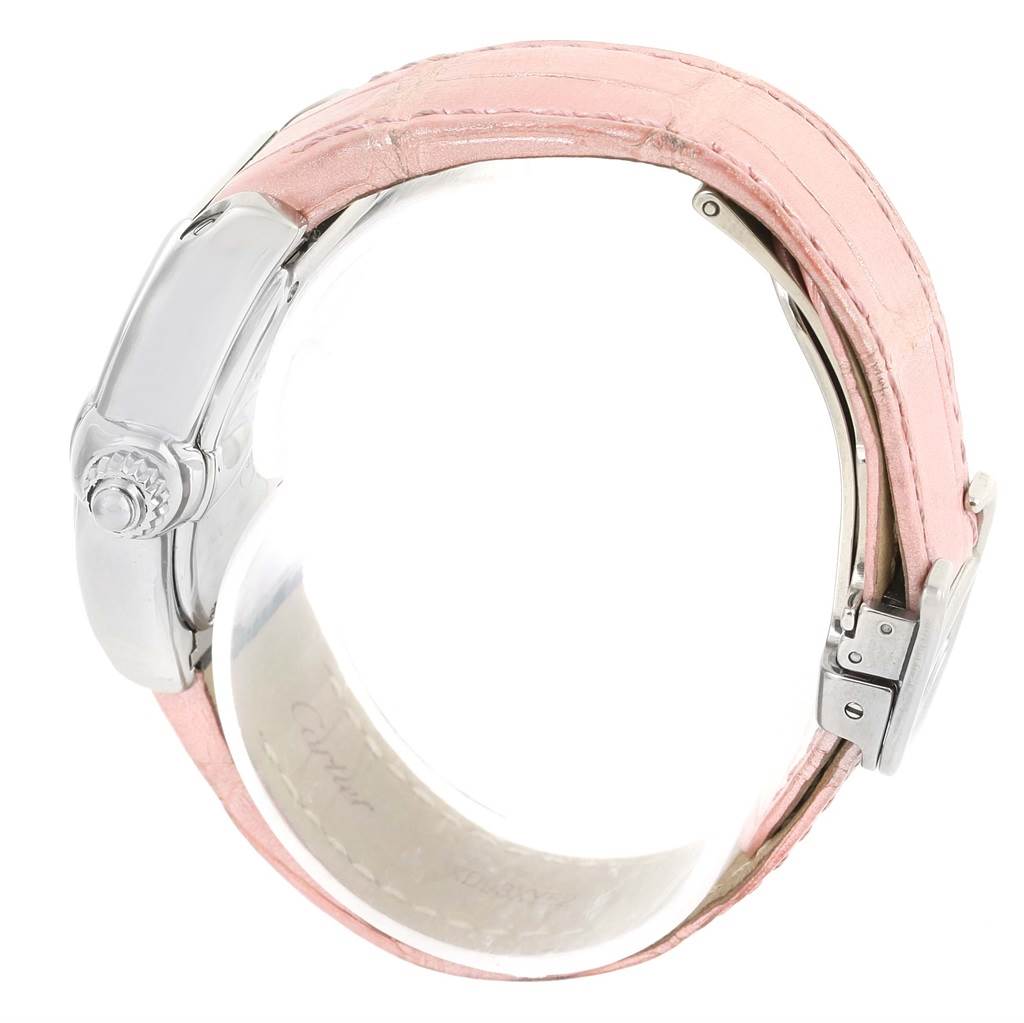 The image shows a side view of a Cartier Roadster W6206006 Women's Stainless Steel Mother of Pearl Dial W6206006 Women's Stainless Steel Mother of Pearl Dial watch, focusing on the crown and part of the pink leather wristband.