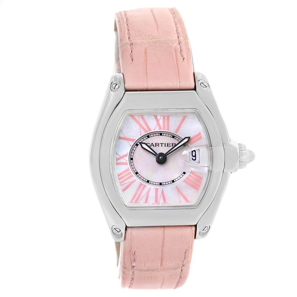 The Cartier Roadster W6206006 Women's Stainless Steel Mother of Pearl Dial W6206006 Women's Stainless Steel Mother of Pearl Dial watch is shown from a front angle, highlighting its pink strap, silver case, and the dial with pink Roman numerals.