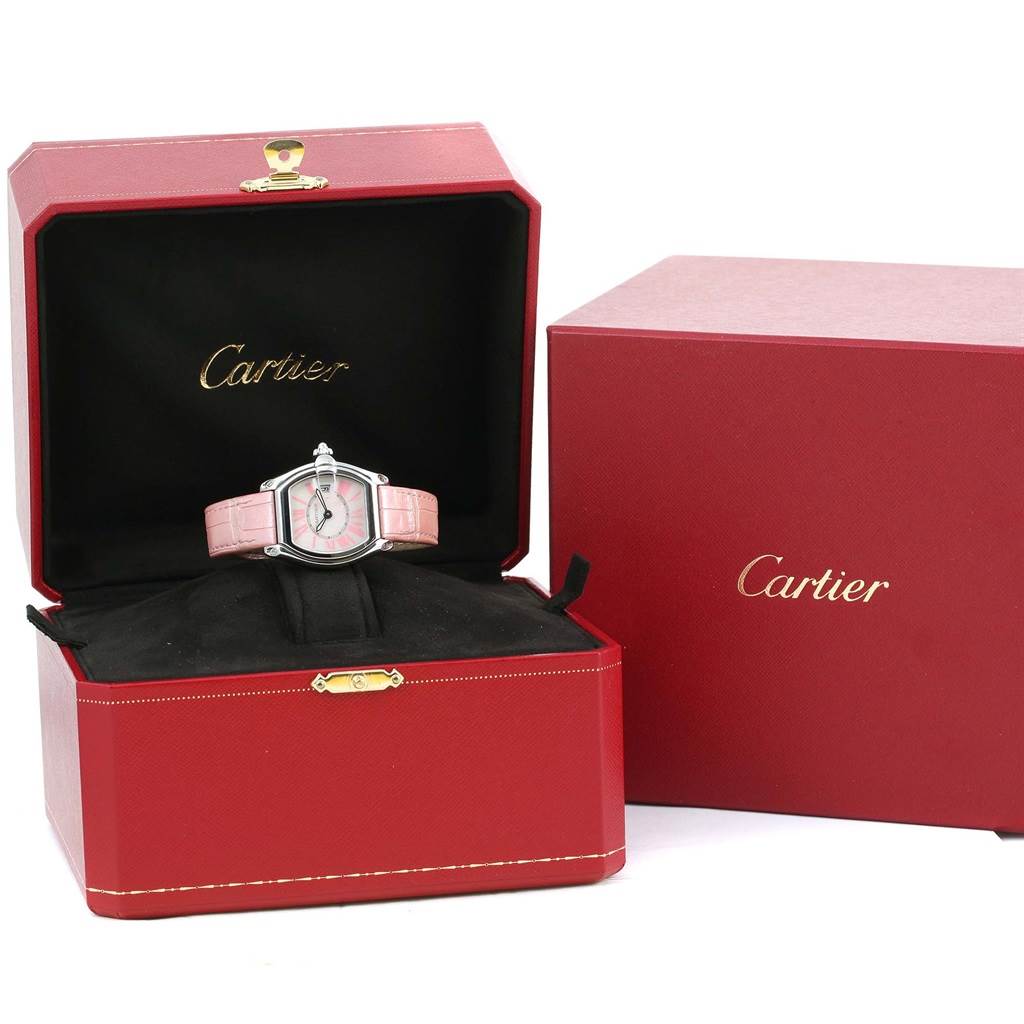The Cartier Roadster W6206006 Women's Stainless Steel Mother of Pearl Dial W6206006 Women's Stainless Steel Mother of Pearl Dial watch is displayed front-facing in an open red box with the Cartier logo visible.
