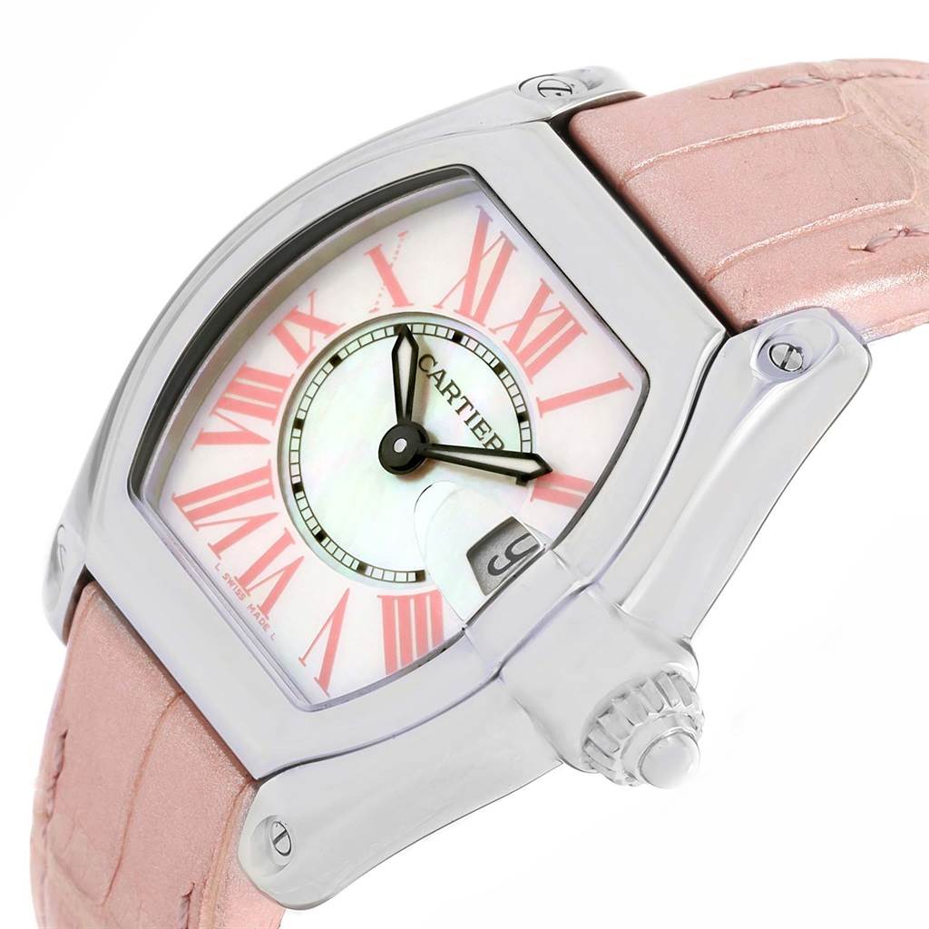 The Cartier Roadster W6206006 Women's Stainless Steel Mother of Pearl Dial W6206006 Women's Stainless Steel Mother of Pearl Dial watch is shown at an angle highlighting the pink leather strap, dial, and casing.