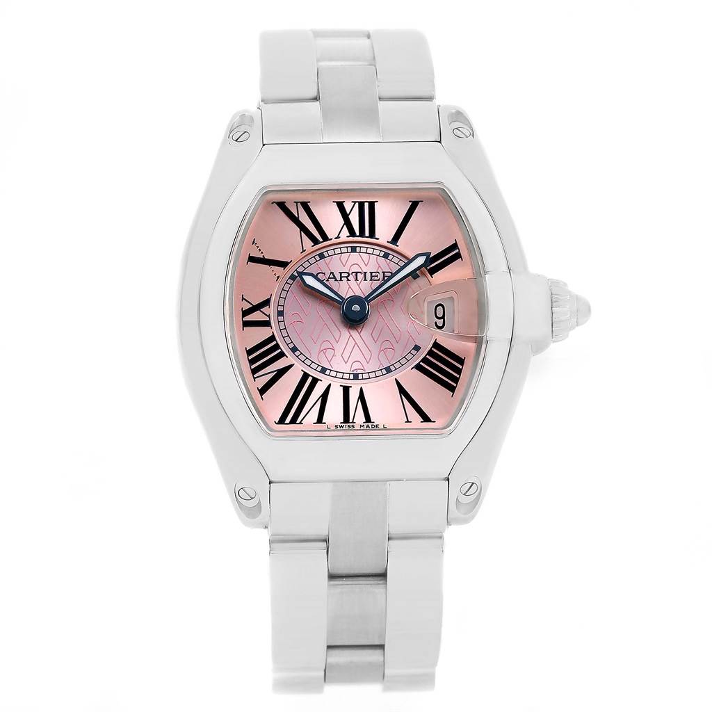 This image shows a front view of a Cartier Roadster W62043V3 Women's Stainless Steel Pink Dial W62043V3 Women's Stainless Steel Pink Dial watch, displaying the face, dial, and bracelet.