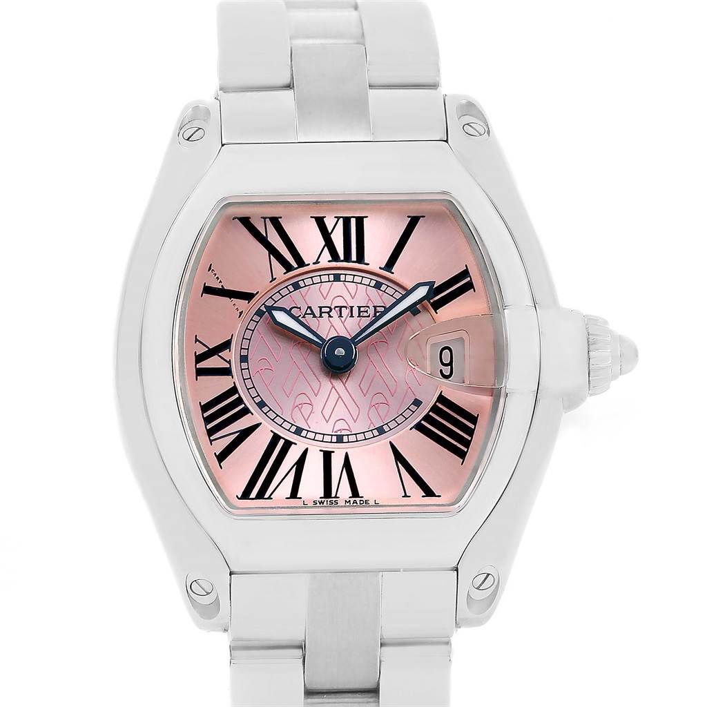 The image shows a Cartier Roadster W62043V3 Women's Stainless Steel Pink Dial W62043V3 Women's Stainless Steel Pink Dial watch from a front angle, highlighting the dial, case, and part of the bracelet.