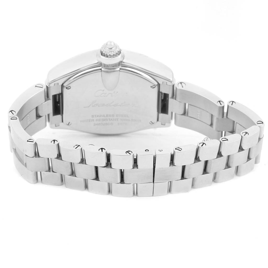 The image shows the back case and bracelet of a Cartier Roadster W62043V3 Women's Stainless Steel Pink Dial W62043V3 Women's Stainless Steel Pink Dial watch from the rear angle.