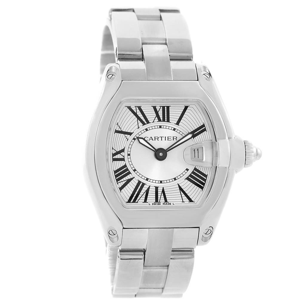 The image shows a Cartier Roadster W62016V3 Women's Stainless Steel Silver Dial W62016V3 Women's Stainless Steel Silver Dial watch from a front angle, displaying its face, Roman numerals, and stainless steel bracelet.