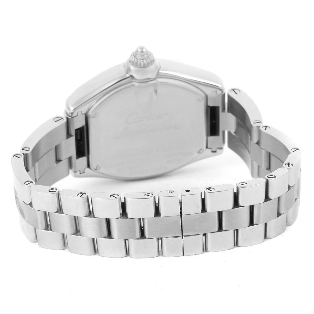 This image shows the back and bracelet of a Cartier Roadster W62016V3 Women's Stainless Steel Silver Dial W62016V3 Women's Stainless Steel Silver Dial watch from a rear angle.