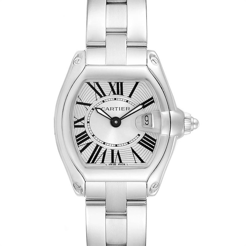 The Cartier Roadster watch is shown in a front view, displaying the face, case, bracelet, and date window.