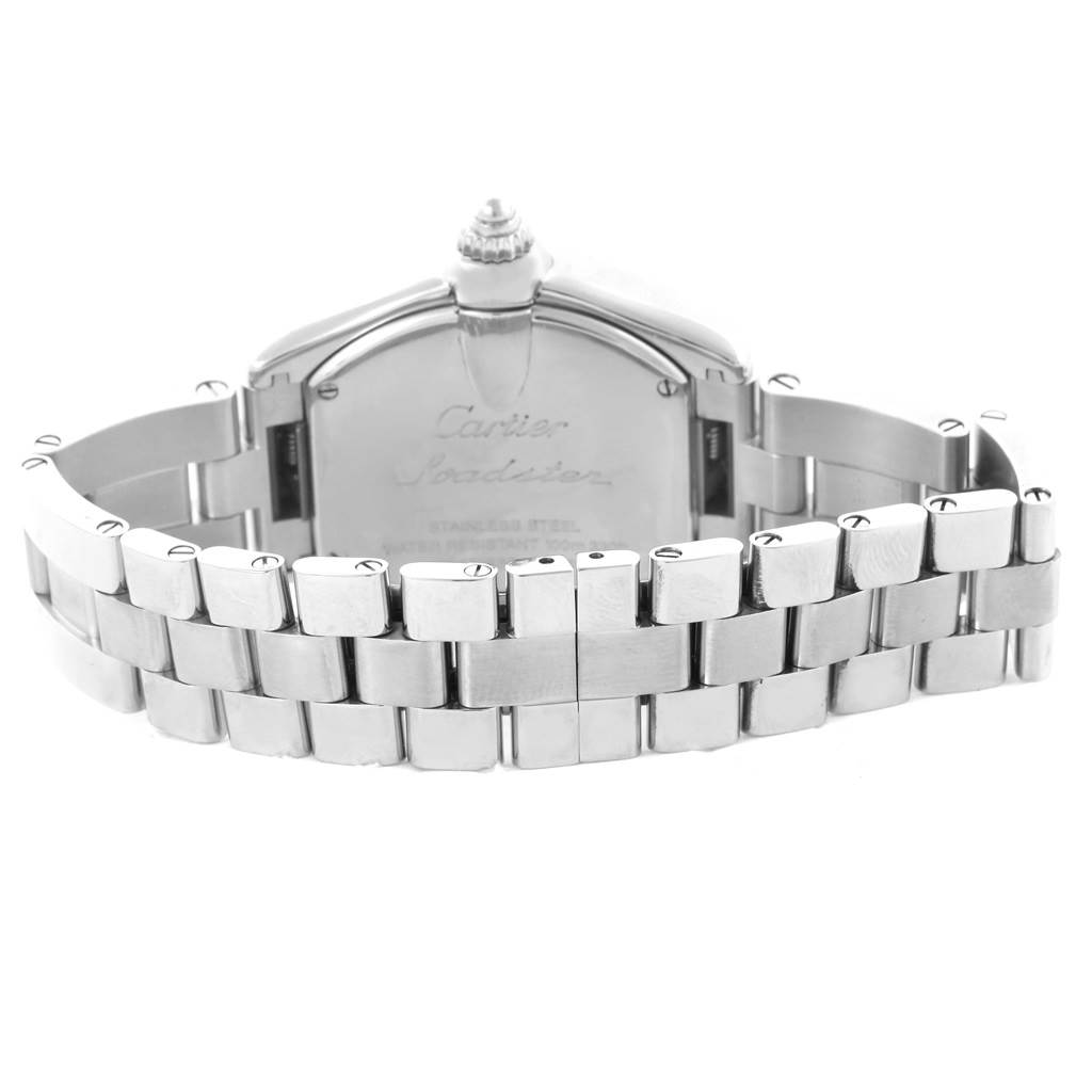 This image shows the back view of the Cartier Roadster W62016V3 Women's Stainless Steel Silver Dial W62016V3 Women's Stainless Steel Silver Dial watch, highlighting its stainless steel bracelet and case back.