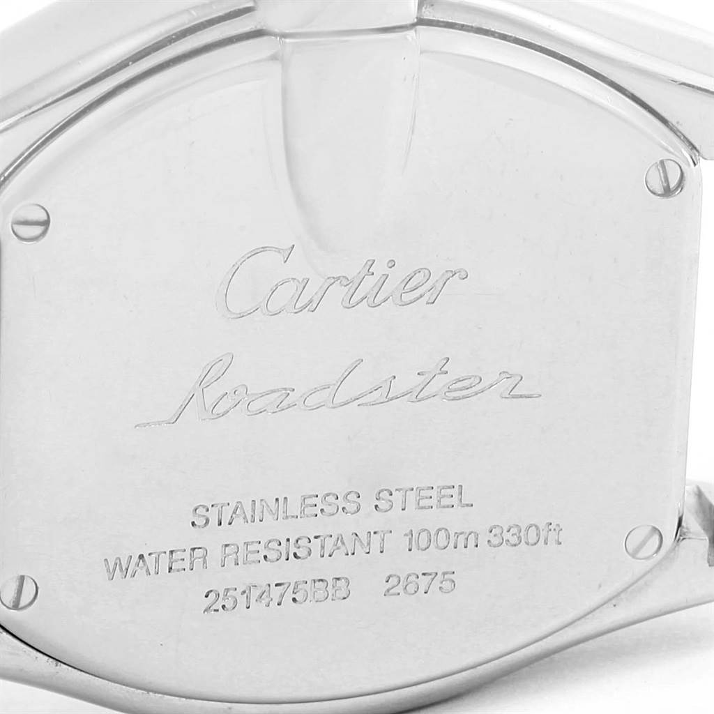 The image shows the back cover of a Cartier Roadster W62016V3 Women's Stainless Steel Silver Dial W62016V3 Women's Stainless Steel Silver Dial watch, highlighting its stainless steel material and water resistance.