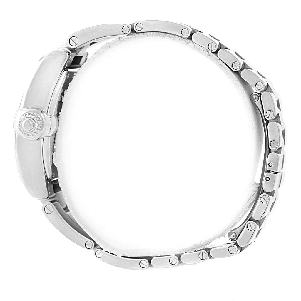 The image shows a Cartier Roadster W62017V3 Women's Stainless Steel Pink Dial W62017V3 Women's Stainless Steel Pink Dial watch from a side angle emphasizing the case, crown, and linked bracelet.