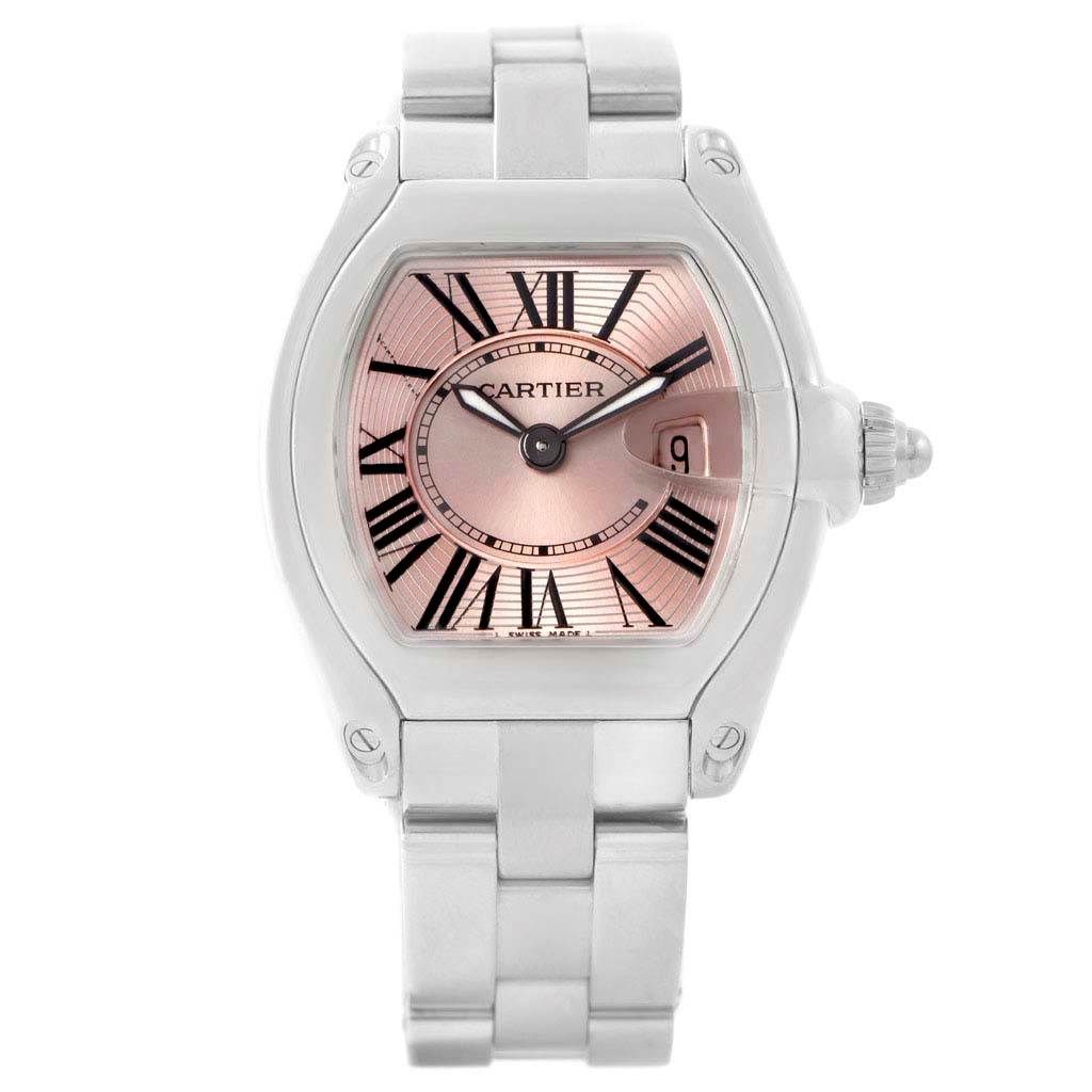 This image shows a frontal view of the Cartier Roadster W62017V3 Women's Stainless Steel Pink Dial W62017V3 Women's Stainless Steel Pink Dial watch, highlighting the face, bezel, crown, and bracelet.