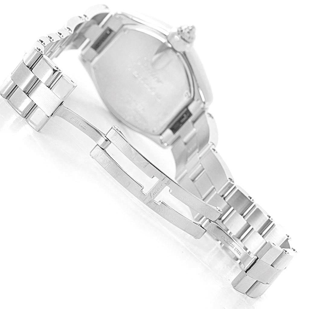 The image shows the back and open clasp of a Cartier Roadster W62017V3 Women's Stainless Steel Pink Dial W62017V3 Women's Stainless Steel Pink Dial watch, highlighting its stainless steel bracelet.