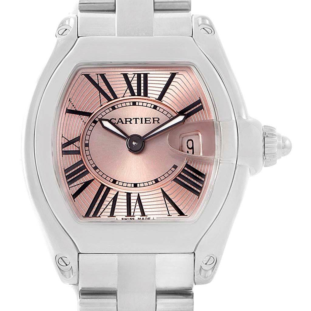 This image shows a front view of the Cartier Roadster W62017V3 Women's Stainless Steel Pink Dial W62017V3 Women's Stainless Steel Pink Dial watch, highlighting its face, bezel, and part of the bracelet.