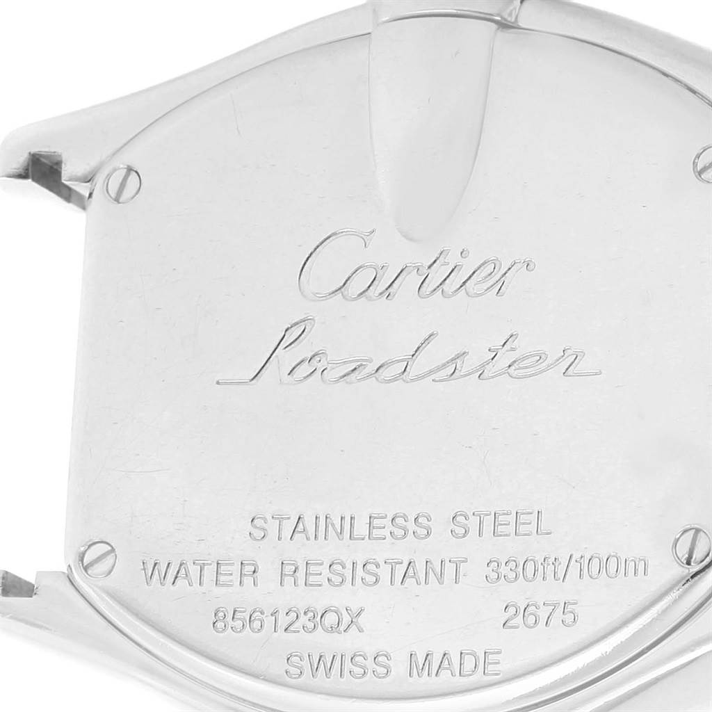 This is the back case of the Cartier Roadster W62017V3 Women's Stainless Steel Pink Dial W62017V3 Women's Stainless Steel Pink Dial watch, displaying the brand, model, and specifications.