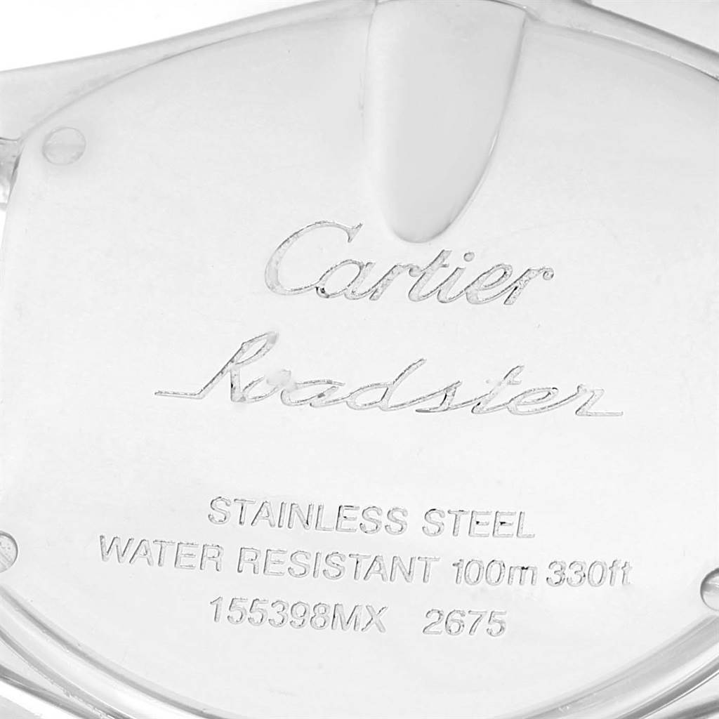 The image shows the back case of a Cartier Roadster W62053V3 Women's Stainless Steel Blue Dial W62053V3 Women's Stainless Steel Blue Dial watch, highlighting its stainless steel material and water resistance.
