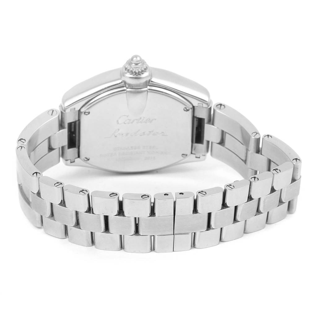 The image shows the back and bracelet of a Cartier Roadster W62053V3 Women's Stainless Steel Blue Dial W62053V3 Women's Stainless Steel Blue Dial watch from a rear angle.