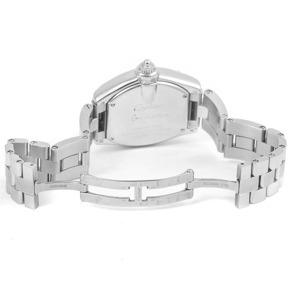 The image shows the back view of the Cartier Roadster W62053V3 Women's Stainless Steel Blue Dial W62053V3 Women's Stainless Steel Blue Dial watch with its stainless steel bracelet unclasped.