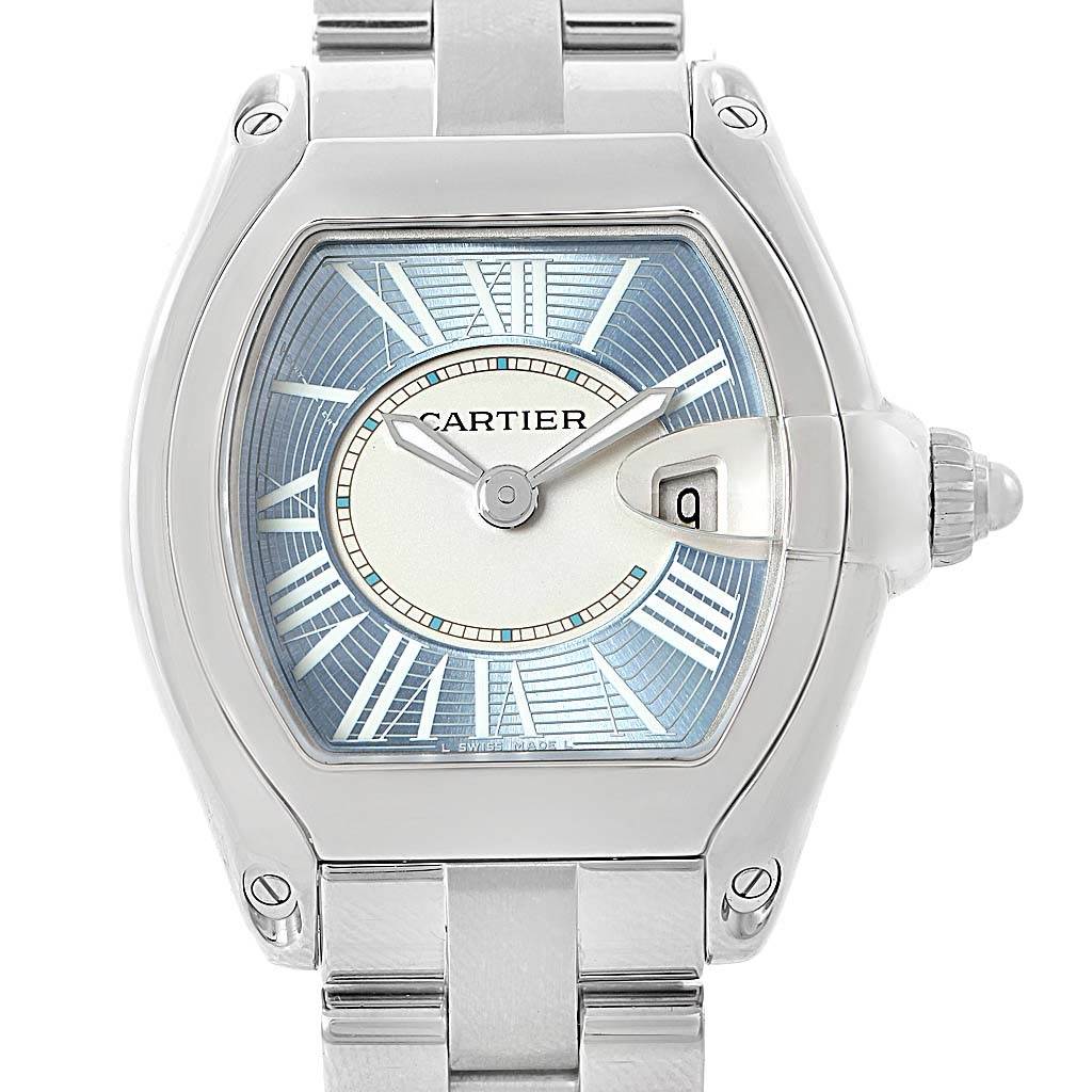 The image shows a front view of a Cartier Roadster W62053V3 Women's Stainless Steel Blue Dial W62053V3 Women's Stainless Steel Blue Dial watch featuring its dial, case, and part of the bracelet.