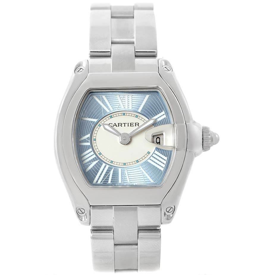This image shows a Cartier Roadster W62053V3 Women's Stainless Steel Blue Dial W62053V3 Women's Stainless Steel Blue Dial watch from a top-down angle revealing the face, strap, and crown.