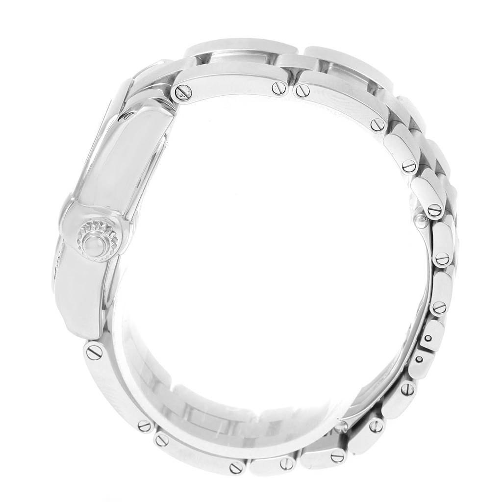 This is a side view of the Cartier Roadster W62053V3 Women's Stainless Steel Blue Dial W62053V3 Women's Stainless Steel Blue Dial watch showing its bracelet and crown.