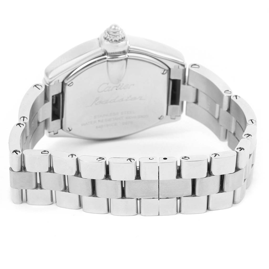 The image shows the back and stainless steel bracelet of a Cartier Roadster W62016V3 Women
s Stainless Steel Silver Dial W62016V3 Women
s Stainless Steel Silver Dial watch at a slight rear angle.
