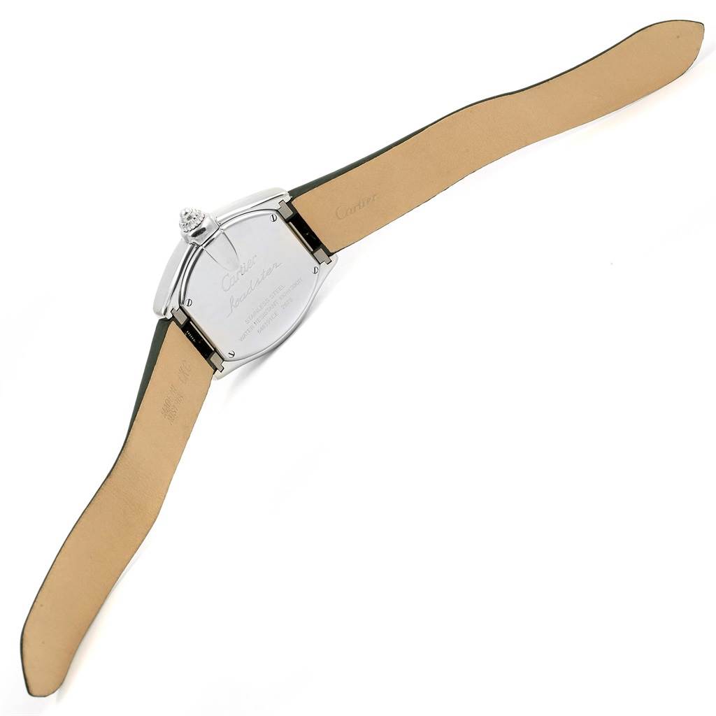 The image shows the back and strap of the Cartier Roadster W62016V3 Women
s Stainless Steel Silver Dial W62016V3 Women
s Stainless Steel Silver Dial watch from a top-down angle.