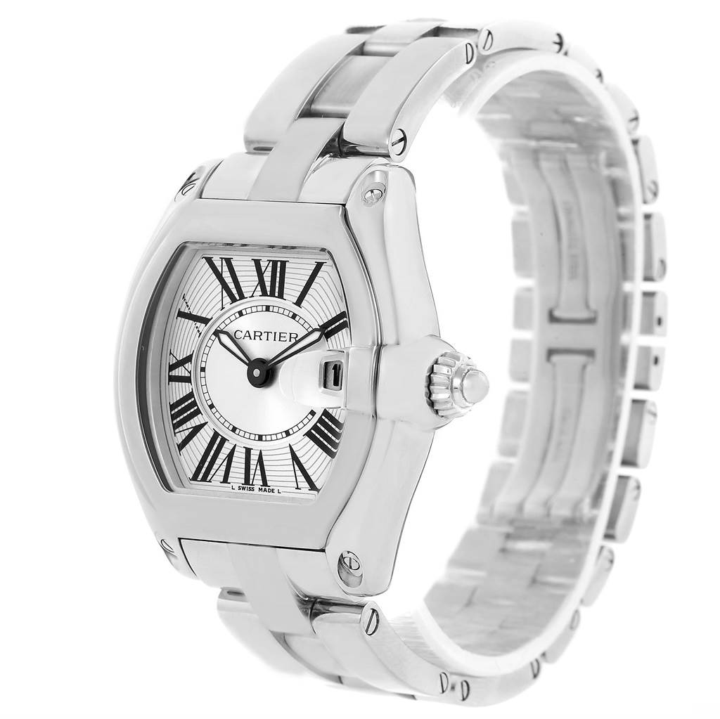 The Cartier Roadster W62016V3 Women
s Stainless Steel Silver Dial W62016V3 Women
s Stainless Steel Silver Dial watch is shown at a three-quarter angle, highlighting the face, band, and crown.