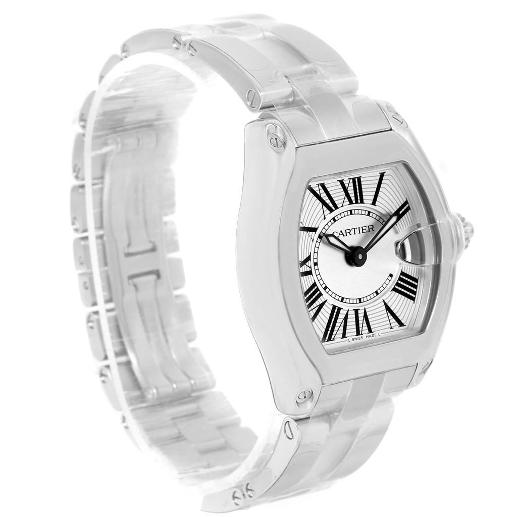 This image shows a Cartier Roadster W62016V3 Women
s Stainless Steel Silver Dial W62016V3 Women
s Stainless Steel Silver Dial watch at a three-quarter angle, highlighting its dial, bracelet, and case.