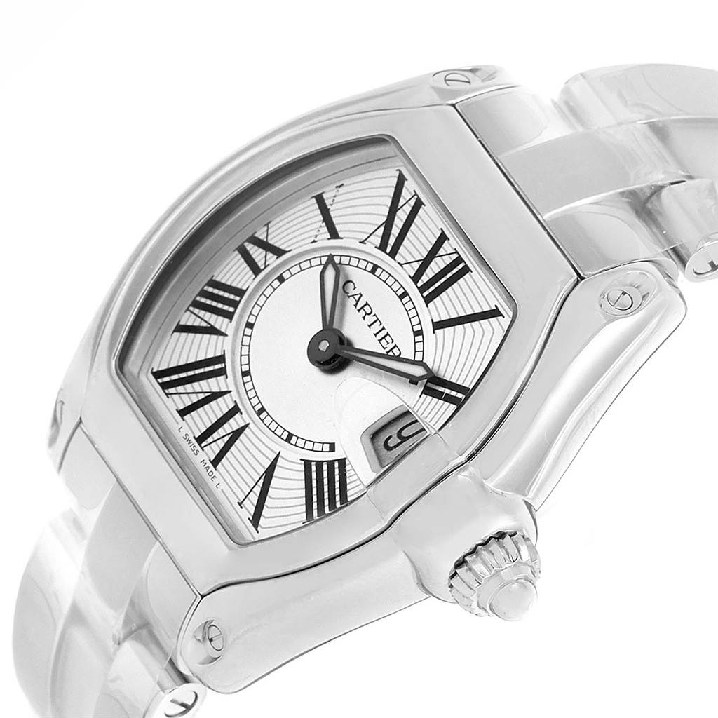 This image shows a close-up of the Cartier Roadster W62016V3 Women
s Stainless Steel Silver Dial W62016V3 Women
s Stainless Steel Silver Dial watch, displaying the face, bezel, crown, and part of the bracelet.