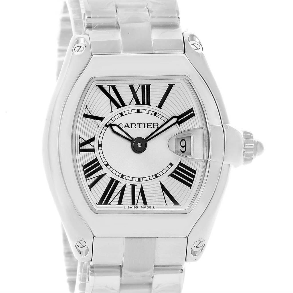 The image shows a Cartier Roadster W62016V3 Women
s Stainless Steel Silver Dial W62016V3 Women
s Stainless Steel Silver Dial watch with a close-up of the face, bezel, crown, and part of the bracelet.