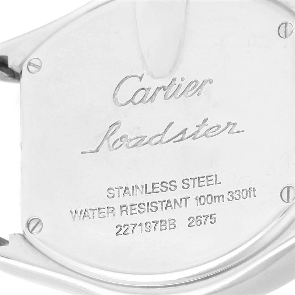 The image shows the back case of a Cartier Roadster W62016V3 Women
s Stainless Steel Silver Dial W62016V3 Women
s Stainless Steel Silver Dial watch, featuring engravings with model details and specifications.