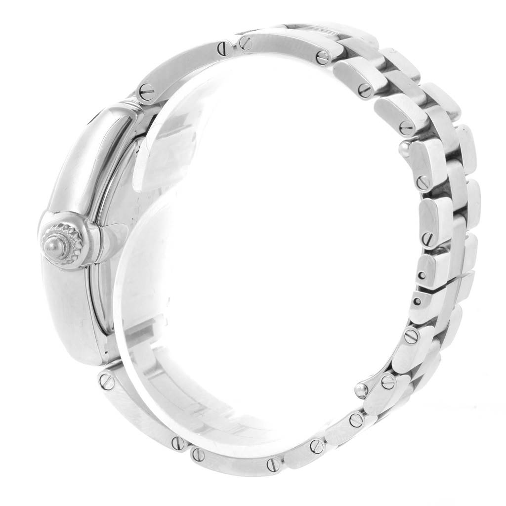 The image shows a side view of the Cartier Roadster W62016V3 Women
s Stainless Steel Silver Dial W62016V3 Women
s Stainless Steel Silver Dial model watch, focusing on the bracelet and crown.
